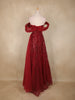 Dark Red Sequins Embellished Design Net Mermaid Gown with 3D Draped Shoulder Design