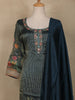 Dark Teal Blue Embroidered Design Tissue Silk Salwar Suit