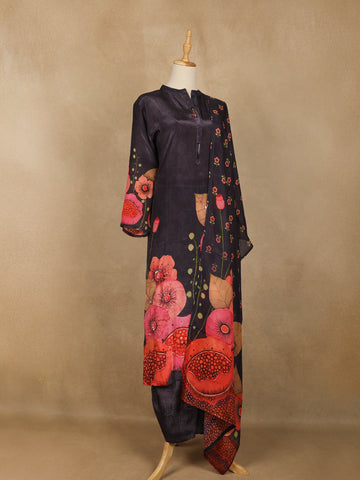 Dark Aubergine Floral Design Printed Salwar Suit - Diadem