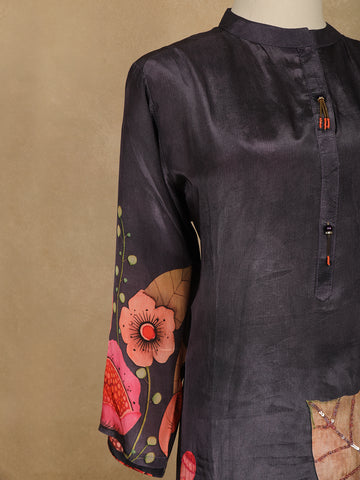 Dark Aubergine Floral Design Printed Salwar Suit - Diadem