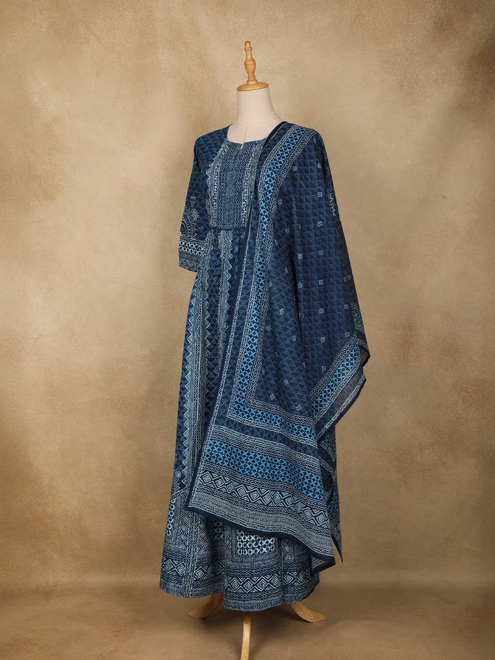 Dark Blue Abstract Designed Cotton Anarkali Salwar Suit - Diadem