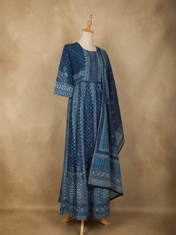 Dark Blue Abstract Designed Cotton Anarkali Salwar Suit - Diadem