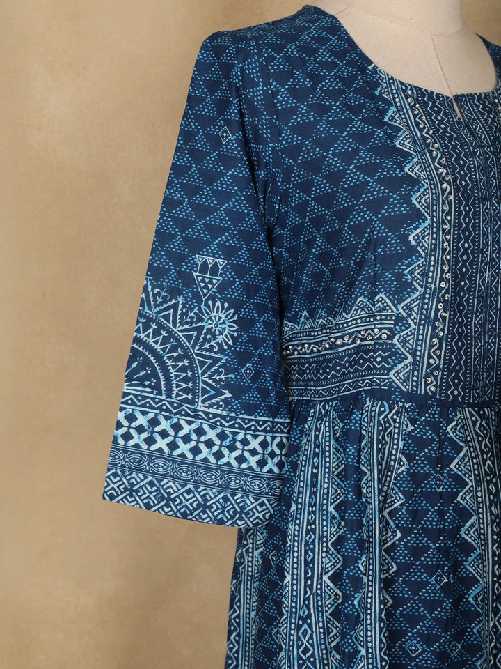Dark Blue Abstract Designed Cotton Anarkali Salwar Suit - Diadem