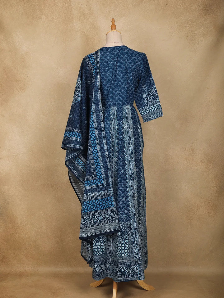 Dark Blue Abstract Designed Cotton Anarkali Salwar Suit - Diadem