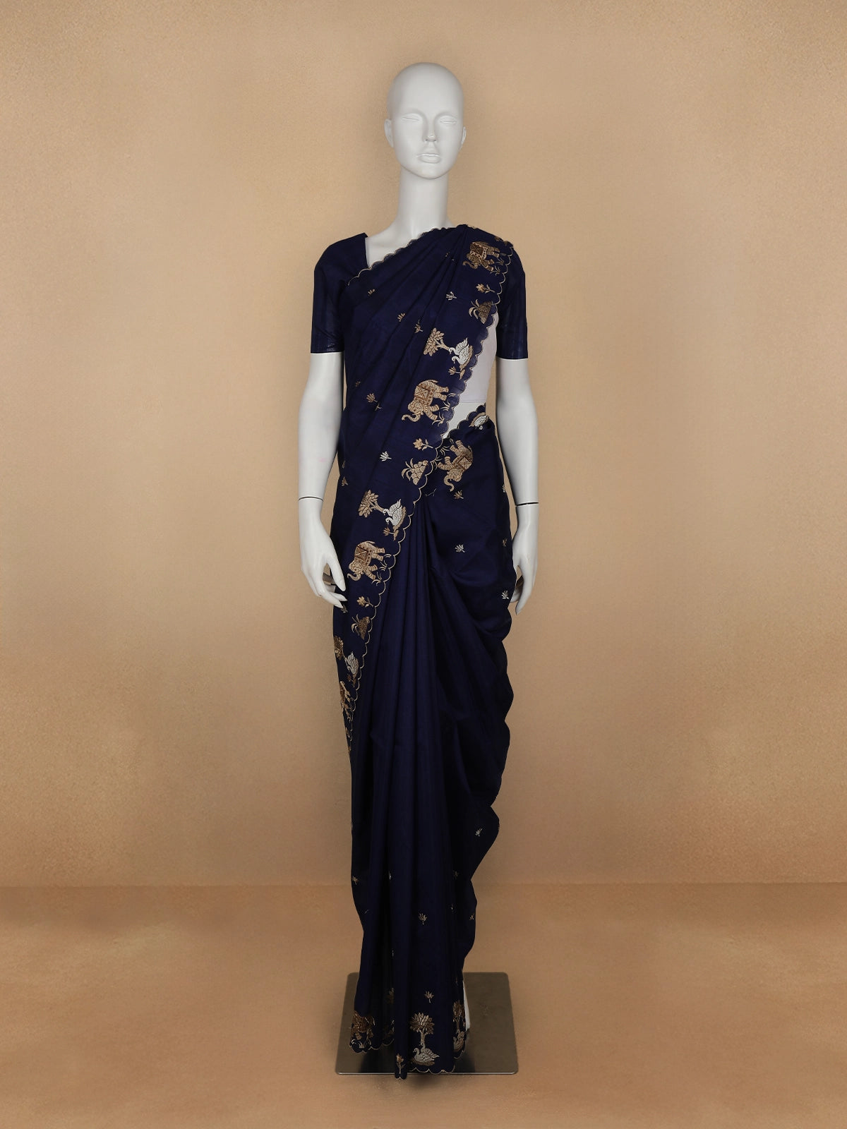 Dark Blue Elephant and Floral Designed Semi Tussar Saree - Diadem