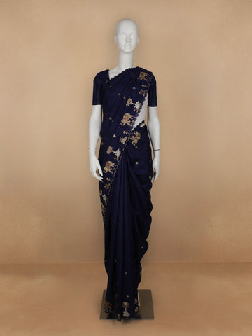 Dark Blue Elephant and Floral Designed Semi Tussar Saree - Diadem