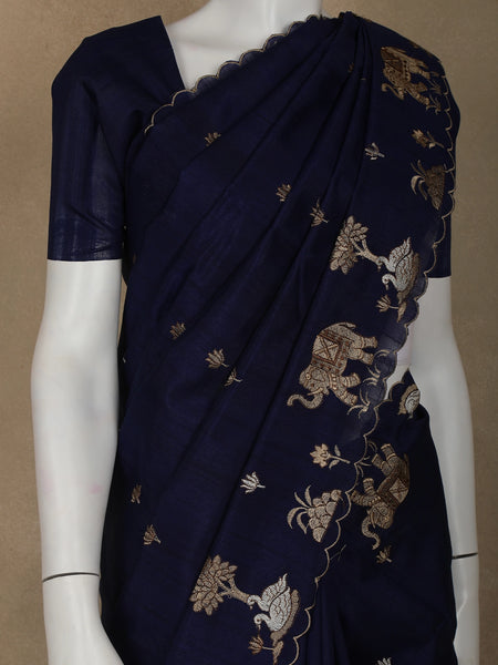 Dark Blue Elephant and Floral Designed Semi Tussar Saree - Diadem