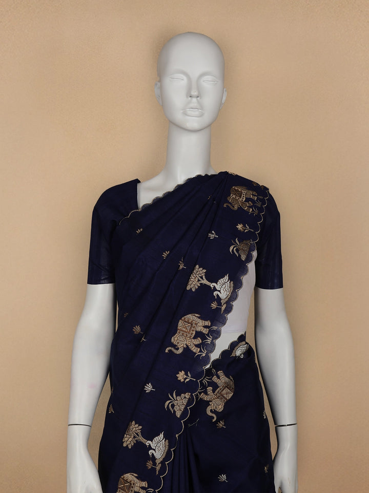 Dark Blue Elephant and Floral Designed Semi Tussar Saree - Diadem