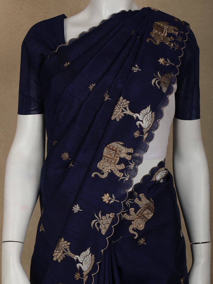 Dark Blue Elephant and Floral Designed Semi Tussar Saree - Diadem
