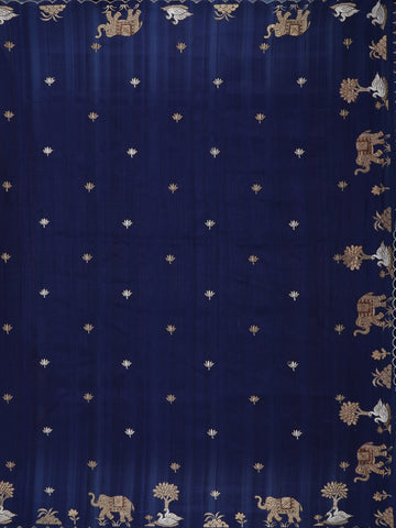 Dark Blue Elephant and Floral Designed Semi Tussar Saree - Diadem