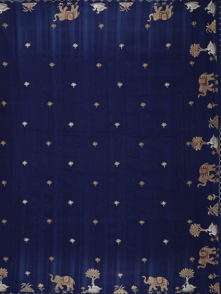 Dark Blue Elephant and Floral Designed Semi Tussar Saree - Diadem