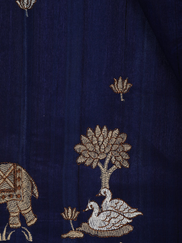 Dark Blue Elephant and Floral Designed Semi Tussar Saree - Diadem