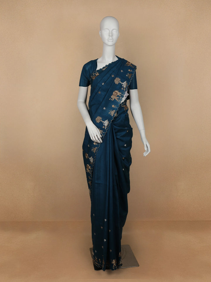 Dark Blue Elephant and Floral Designed Semi Tussar Saree - Diadem