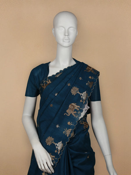 Dark Blue Elephant and Floral Designed Semi Tussar Saree - Diadem