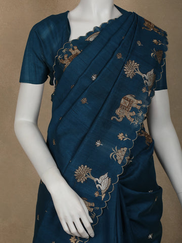 Dark Blue Elephant and Floral Designed Semi Tussar Saree - Diadem