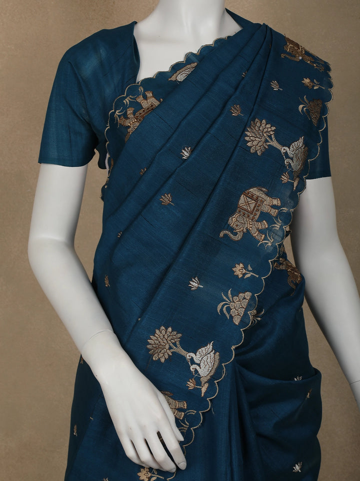 Dark Blue Elephant and Floral Designed Semi Tussar Saree - Diadem