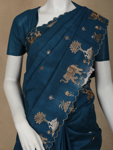 Dark Blue Elephant and Floral Designed Semi Tussar Saree - Diadem