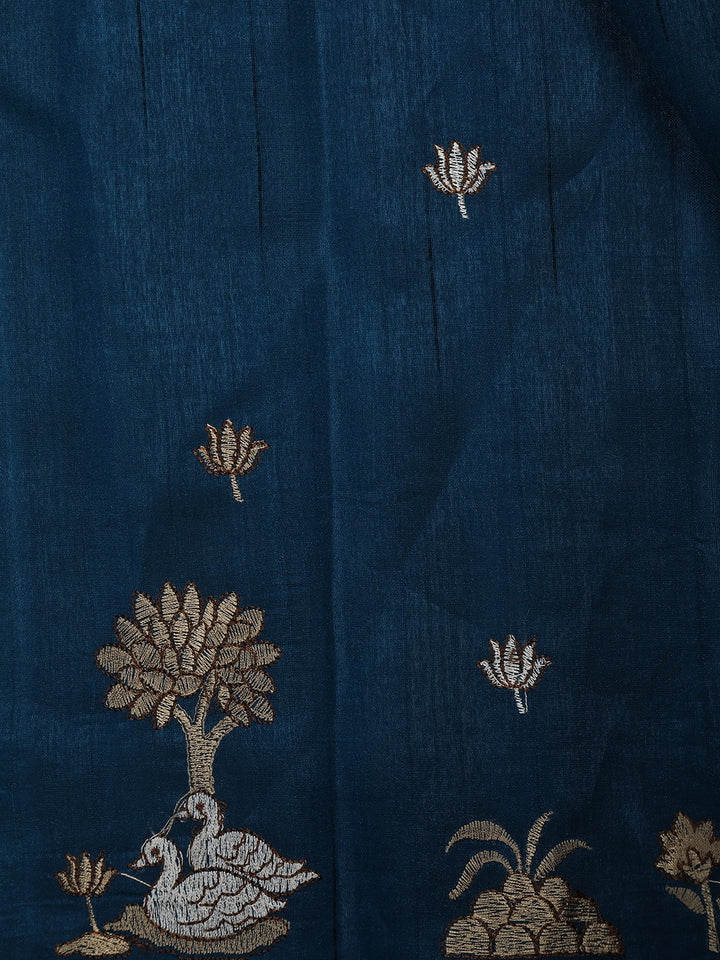 Dark Blue Elephant and Floral Designed Semi Tussar Saree - Diadem