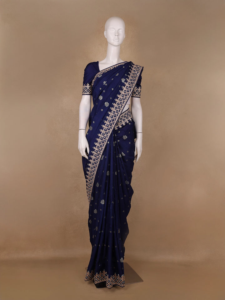 Dark Blue Floral Design Embroidered Georgette Saree - Diadem