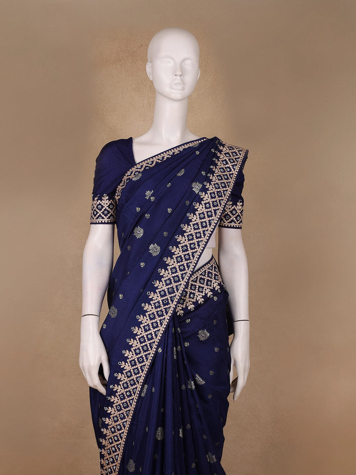Dark Blue Floral Design Embroidered Georgette Saree - Diadem