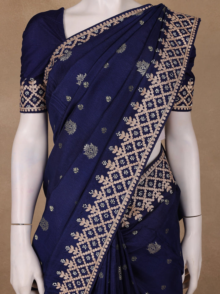 Dark Blue Floral Design Embroidered Georgette Saree - Diadem
