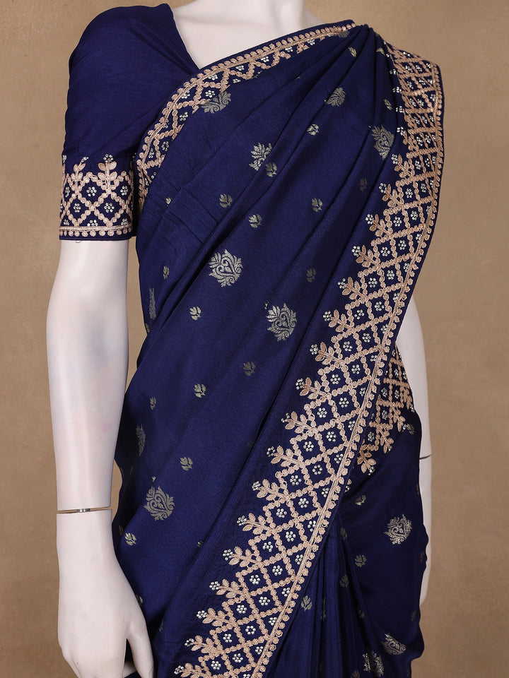 Dark Blue Floral Design Embroidered Georgette Saree - Diadem
