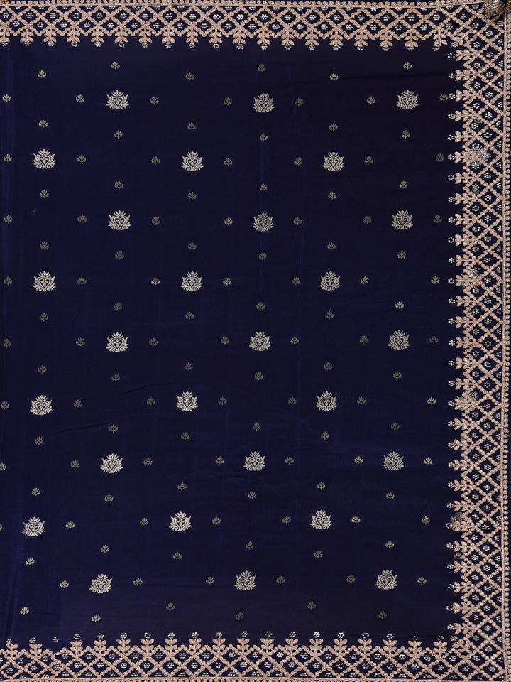 Dark Blue Floral Design Embroidered Georgette Saree - Diadem