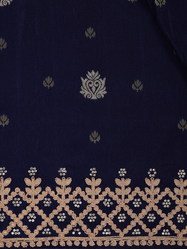 Dark Blue Floral Design Embroidered Georgette Saree - Diadem