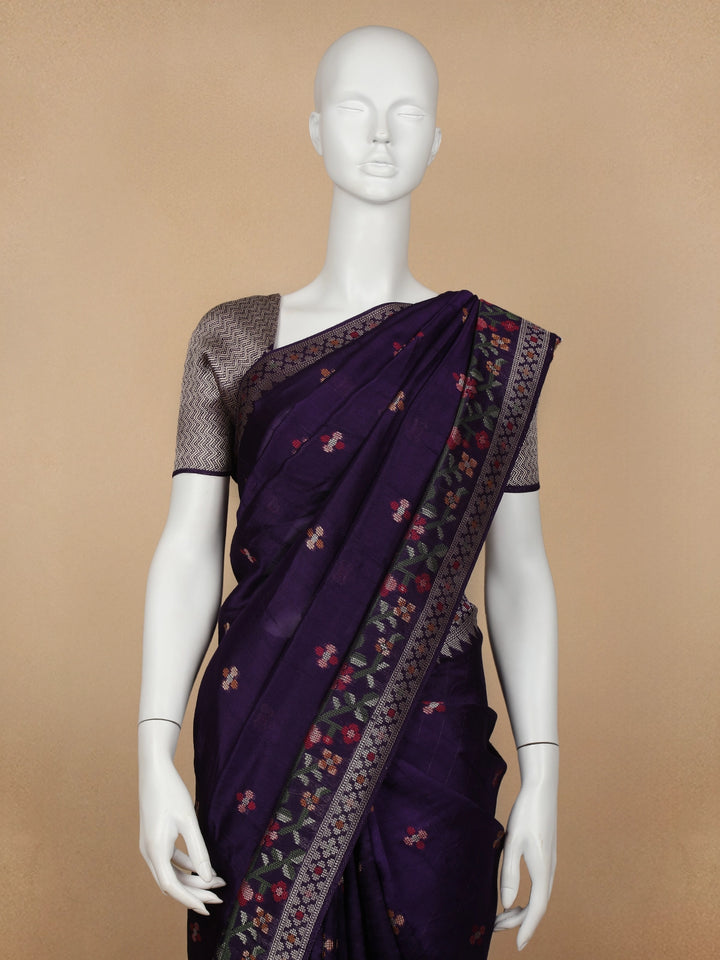 Dark Blue Floral Designed Raw Silk Saree - Diadem