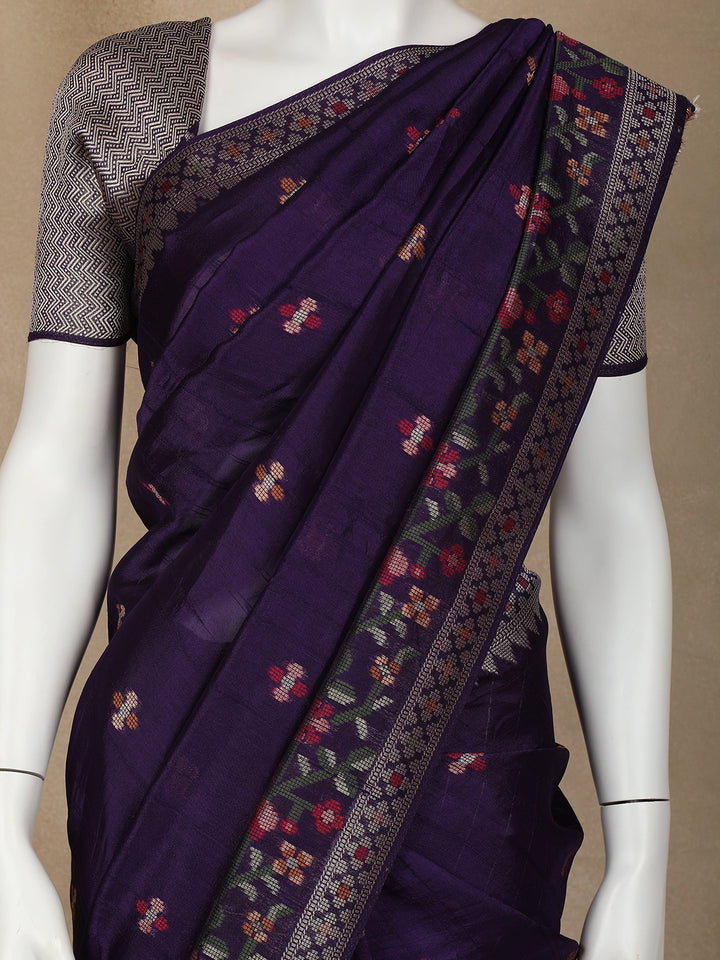Dark Blue Floral Designed Raw Silk Saree - Diadem