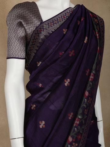 Dark Blue Floral Designed Raw Silk Saree - Diadem