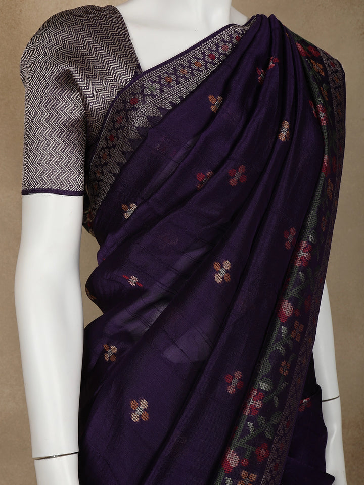 Dark Blue Floral Designed Raw Silk Saree - Diadem