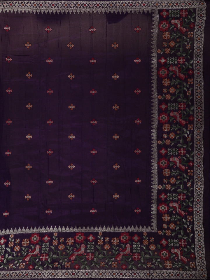 Dark Blue Floral Designed Raw Silk Saree - Diadem