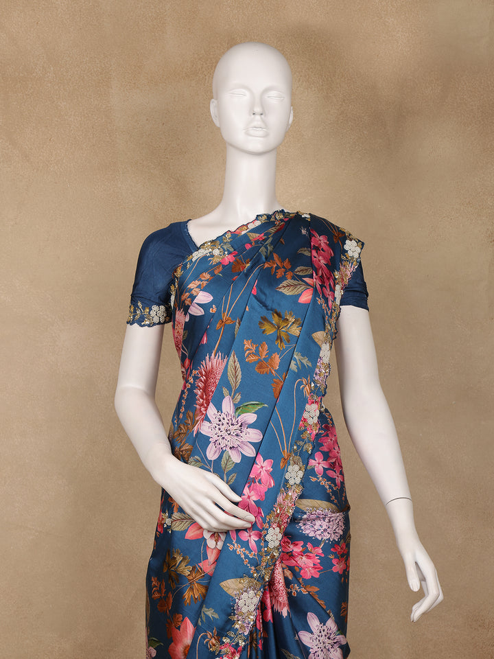 Dark Blue Floral Designed Satin Saree - Diadem