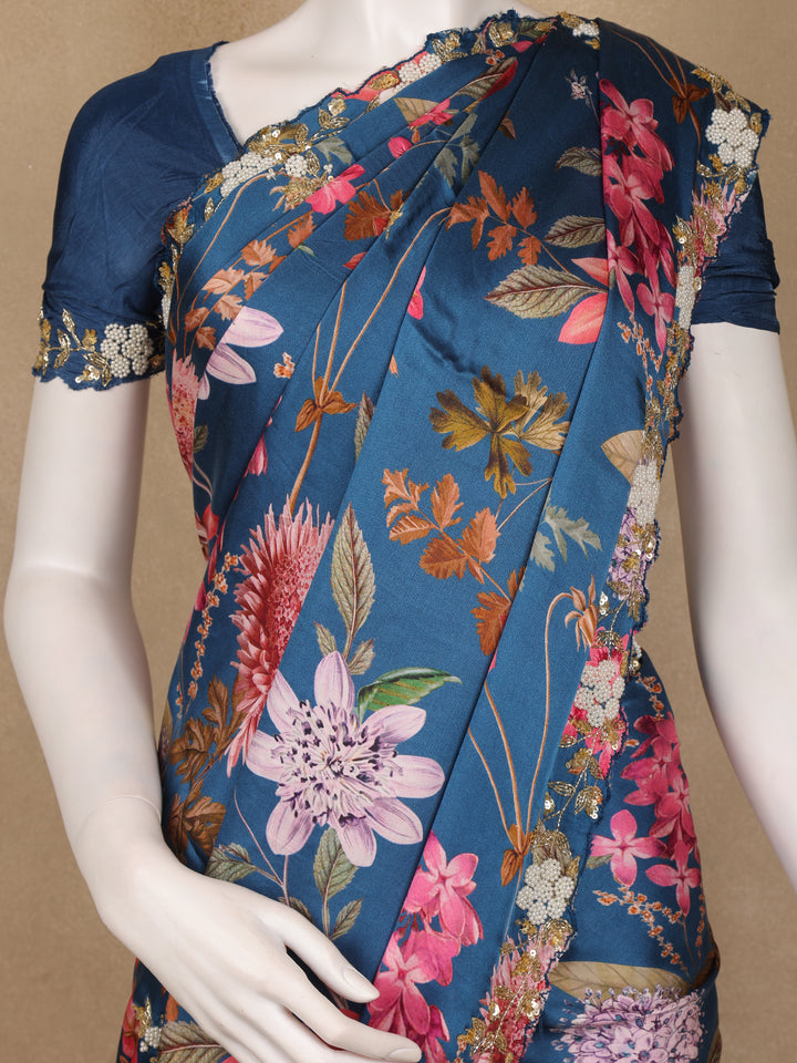 Dark Blue Floral Designed Satin Saree - Diadem