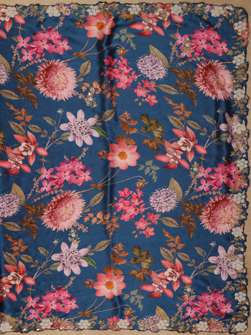 Dark Blue Floral Designed Satin Saree - Diadem