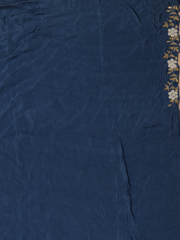 Dark Blue Floral Designed Satin Saree - Diadem