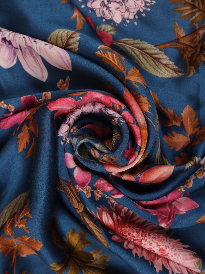 Dark Blue Floral Designed Satin Saree - Diadem