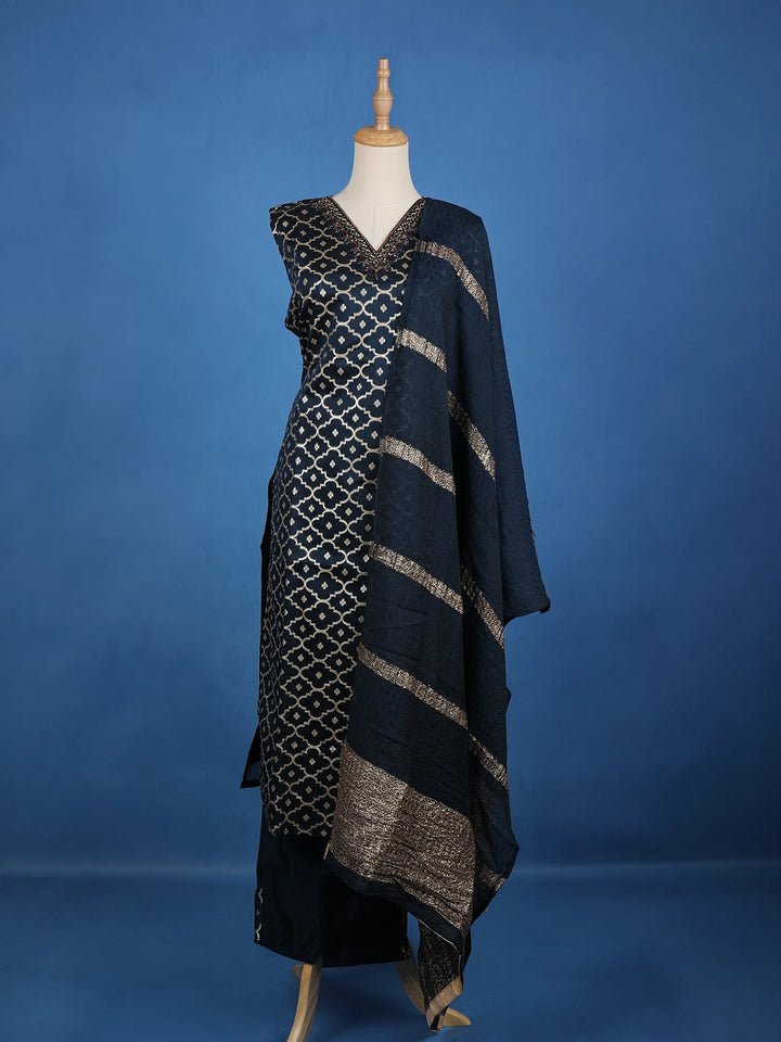 Dark Blue Floral Designed Semi Silk Salwar Suit - Diadem