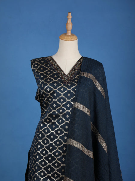 Dark Blue Floral Designed Semi Silk Salwar Suit - Diadem