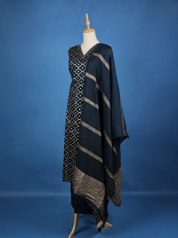 Dark Blue Floral Designed Semi Silk Salwar Suit - Diadem