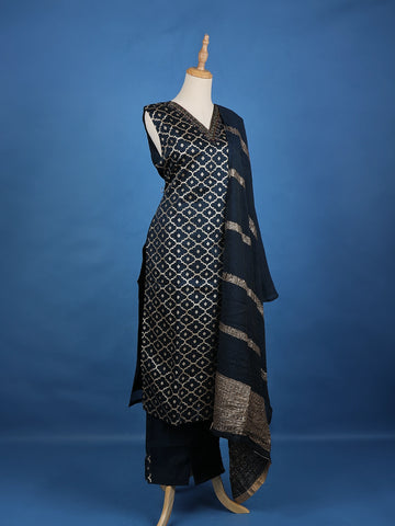 Dark Blue Floral Designed Semi Silk Salwar Suit - Diadem