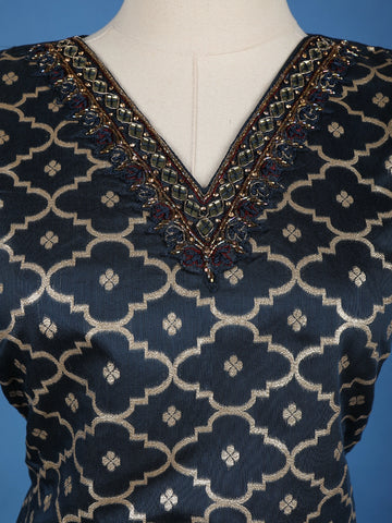 Dark Blue Floral Designed Semi Silk Salwar Suit - Diadem