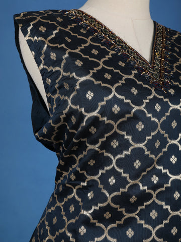 Dark Blue Floral Designed Semi Silk Salwar Suit - Diadem