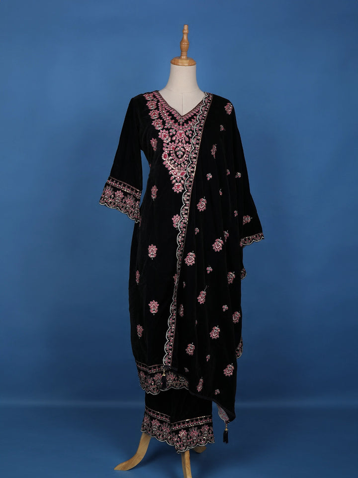 Dark Blue Floral Designed Velvet Salwar Suit - Diadem
