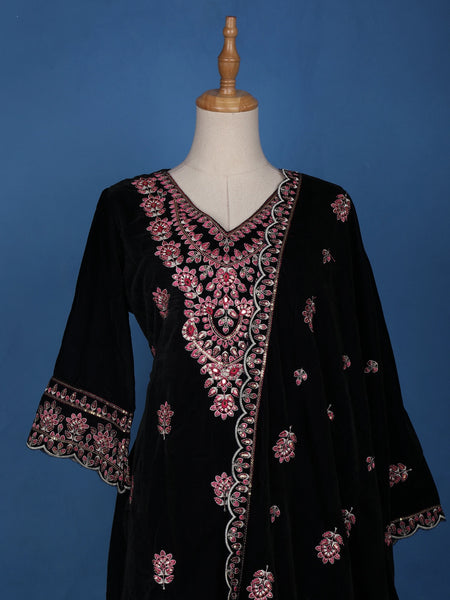 Dark Blue Floral Designed Velvet Salwar Suit - Diadem