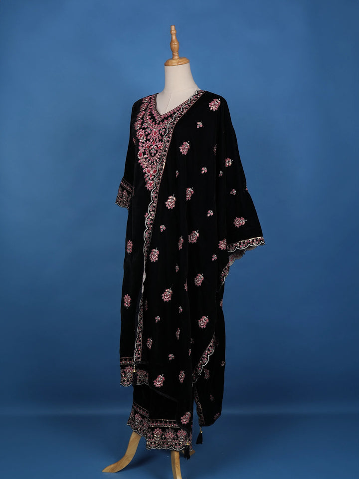 Dark Blue Floral Designed Velvet Salwar Suit - Diadem