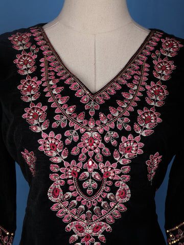 Dark Blue Floral Designed Velvet Salwar Suit - Diadem