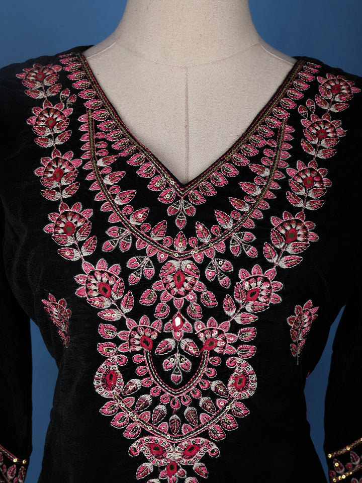 Dark Blue Floral Designed Velvet Salwar Suit - Diadem