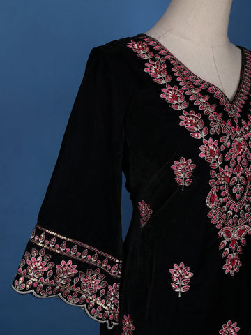 Dark Blue Floral Designed Velvet Salwar Suit - Diadem